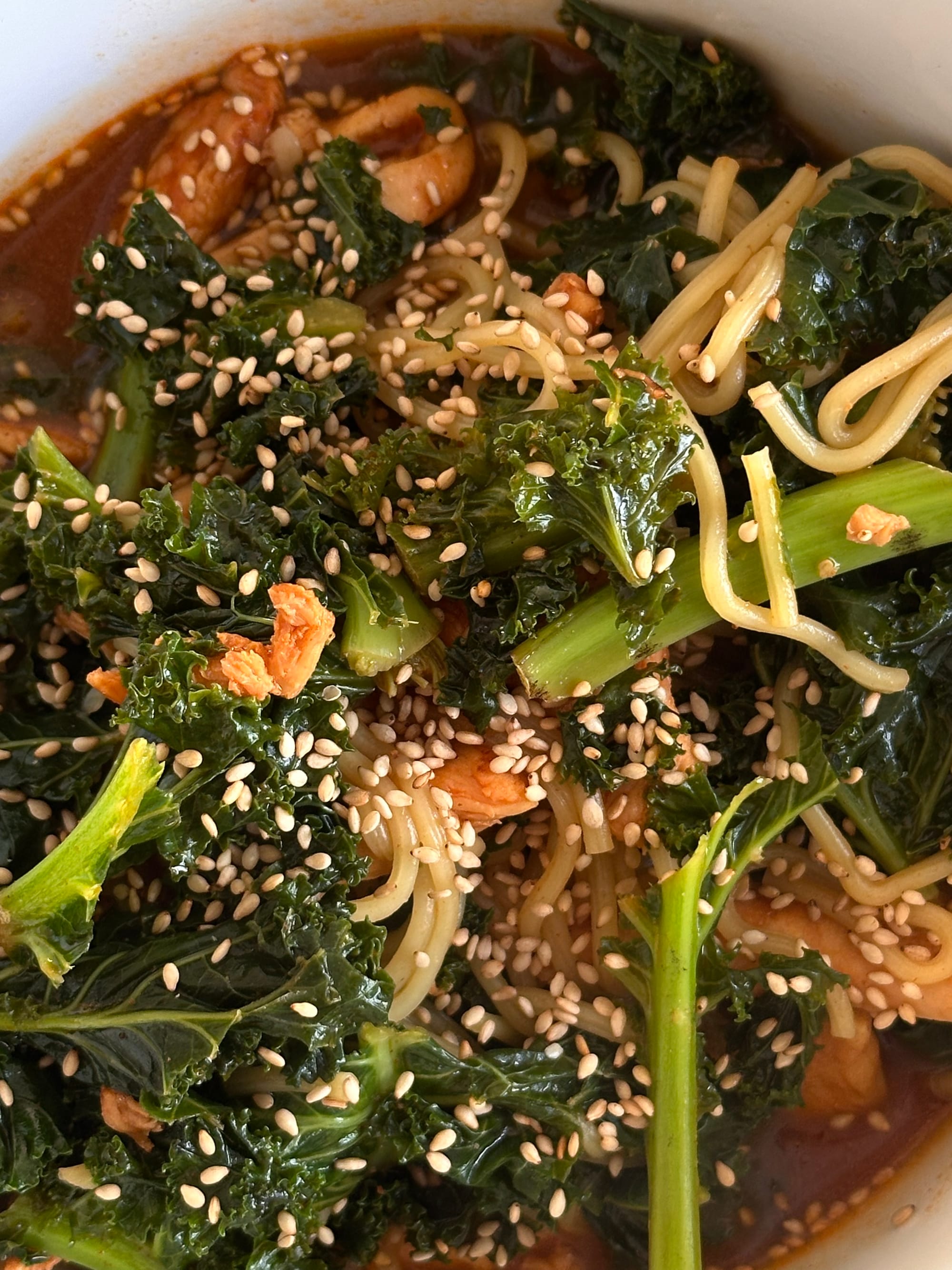 My Lunch Today, a hearty bowl with delicious Chicken, Japanese Noodles, Kale and more